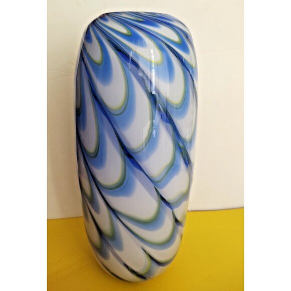 Eastern Art Blue & White  Glass Swirl Studio Hand Blown Large Vase 13" x 6" - Picture 2 of 10